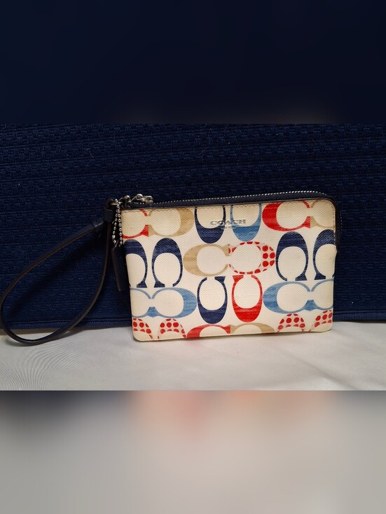 Coach Handbags - Coach Signature Multi-Color Red, White And Blue CornerZip Wristlet